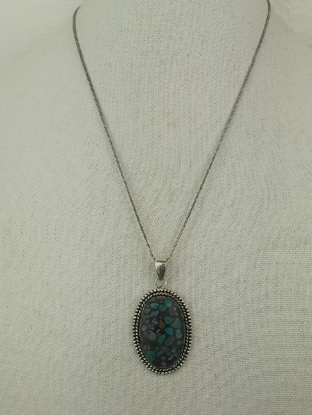 Sterling Silver Black Turquoise Purple Terrazo Mosaic Stone Pendant Necklace - Picture 5 of 10
